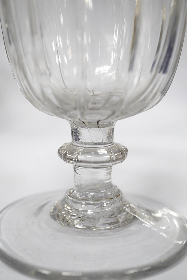 A diamond point engraved commemorative goblet, with the design of the Royal coat of arms, Prince of Wales feathers, horses, riders and a poem, inscribed ‘D.Coghill 1881’ together with a wheel engraved graved rummer, insc